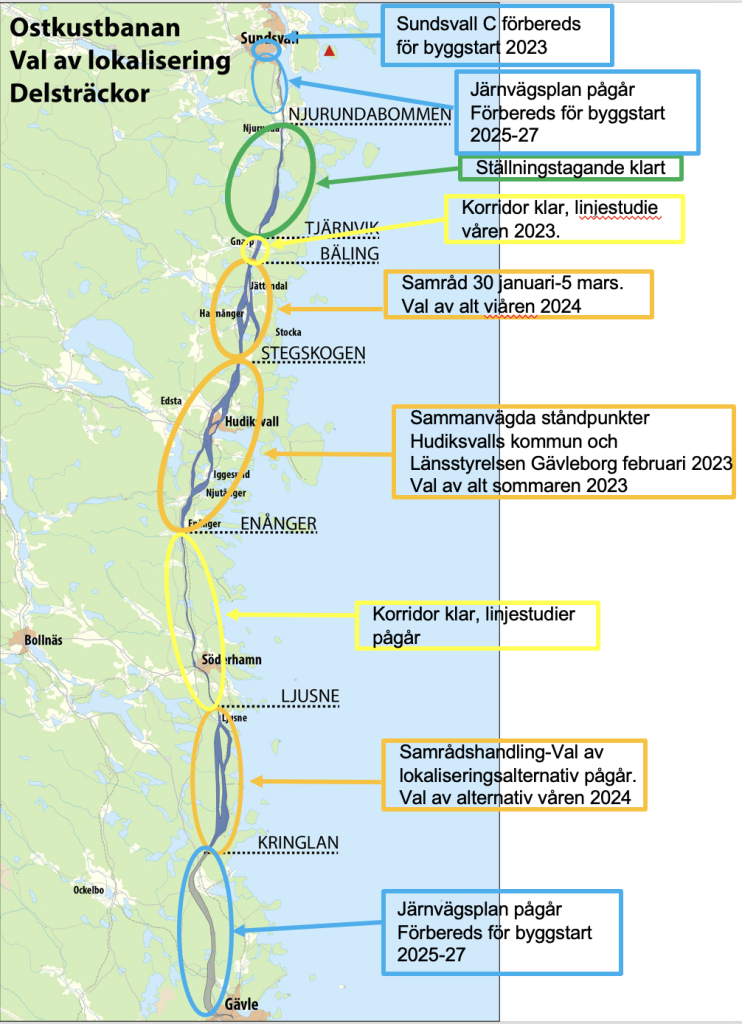 Karta som visar planeringsläge Ostkustbanan